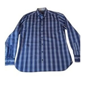 Hammer Made Men's Blue square Patterned Long Sleeve Dress Shirt Size 42 16.5